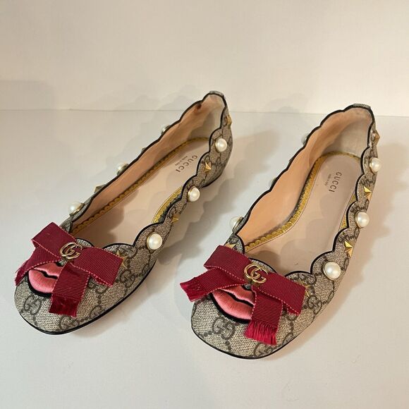 Gucci GG Monogram Lexi Supreme Pearl Lips Stars Bow Brown Ballet Flats SZ EU 39 - Picture 2 of 16
